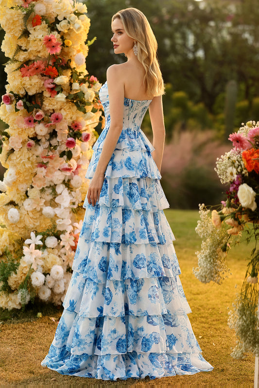 Sparkly Floral White Blue Tiered Long Corset Prom Dress with Slit