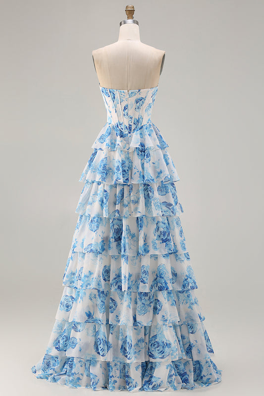 Sparkly White and Blue Floral Tiered Long Corset Prom Dress with Slit