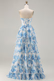 Sparkly White and Pink Flower Corset Tiered Long Prom Dress with Slit