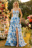 Sparkly Floral White Blue Tiered Long Corset Prom Dress with Slit
