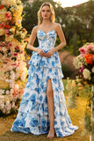 Sparkly Floral White Blue Tiered Long Corset Prom Dress with Slit
