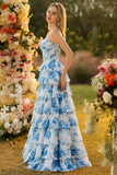 Sparkly Floral White Blue Tiered Long Corset Prom Dress with Slit