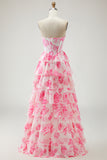 Sparkly White and Pink Flower Corset Tiered Long Prom Dress with Slit