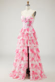 Sparkly White and Pink Flower Corset Tiered Long Prom Dress with Slit