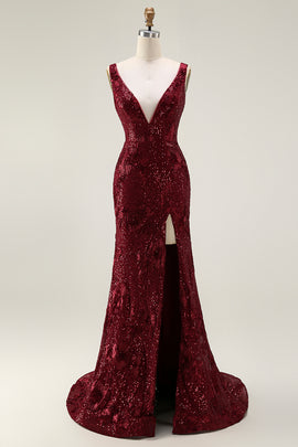 Sparkly Burgundy Sequin Mermaid Long Prom Dress with Slit