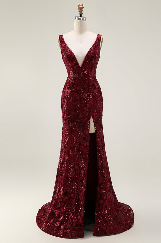 Sparkly Burgundy Sequin Mermaid Long Prom Dress with Slit