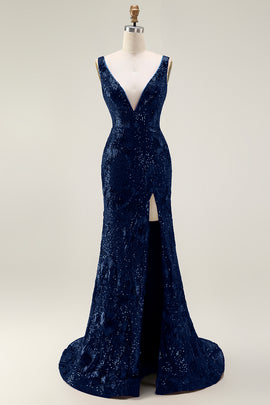 Sparkly Navy Mermaid Sequin Long Prom Dress with Slit