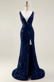 Sparkly Navy Mermaid Sequin Long Prom Dress with Slit