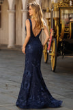 Sparkly Navy Mermaid Sequin Long Prom Dress with Slit