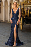 Sparkly Navy Sequin Mermaid Long Prom Dress with Slit