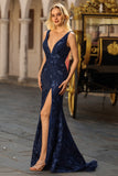 Sparkly Navy Sequin Mermaid Long Prom Dress with Slit
