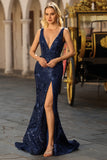 Sparkly Navy Mermaid Sequin V-Neck Long Prom Dress with Slit