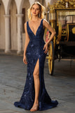 Sparkly Navy Mermaid Sequin V-Neck Long Prom Dress with Slit
