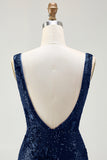 Sparkly Navy Mermaid Sequin Long Prom Dress with Slit