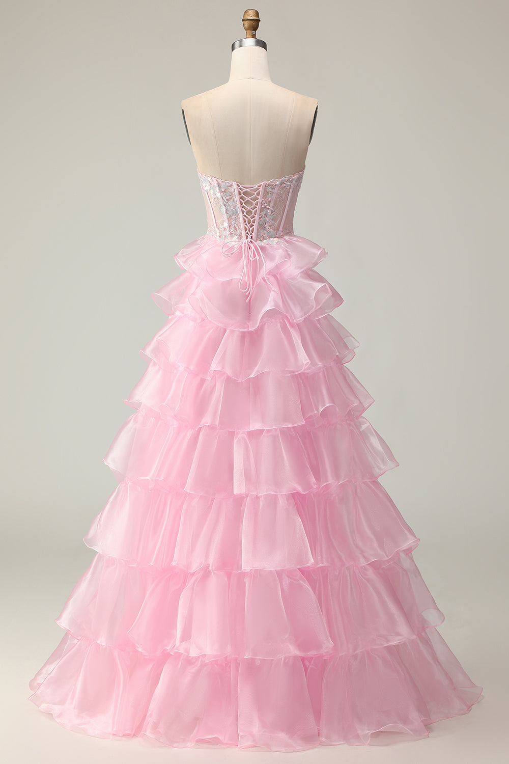 Sparkly Pink Strapless Ruffled Long Corset Prom Dress