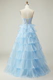 Sparkly Blue Strapless Corset Ruffled Long Prom Dress