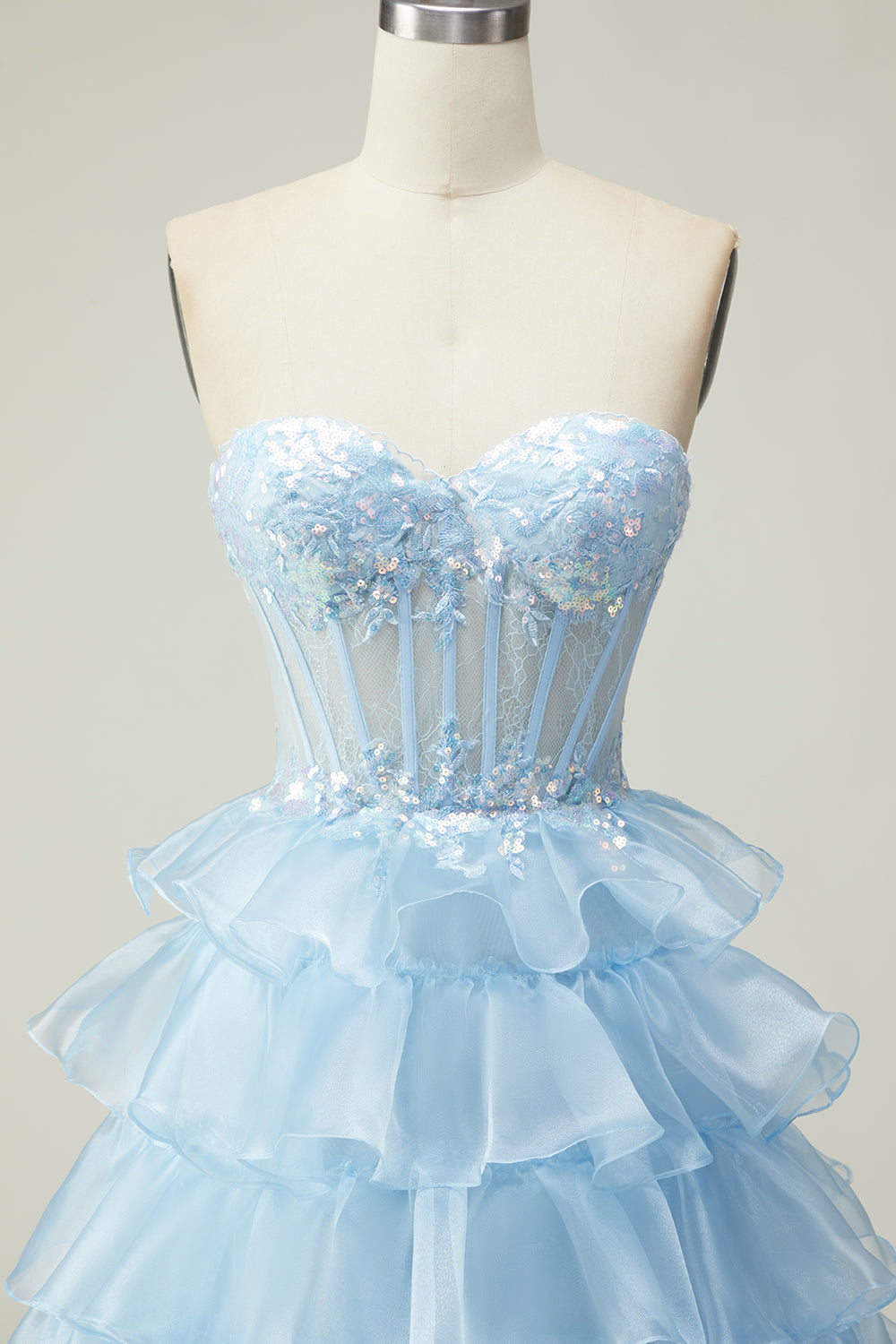 Sparkly Blue Strapless Corset Ruffled Long Prom Dress