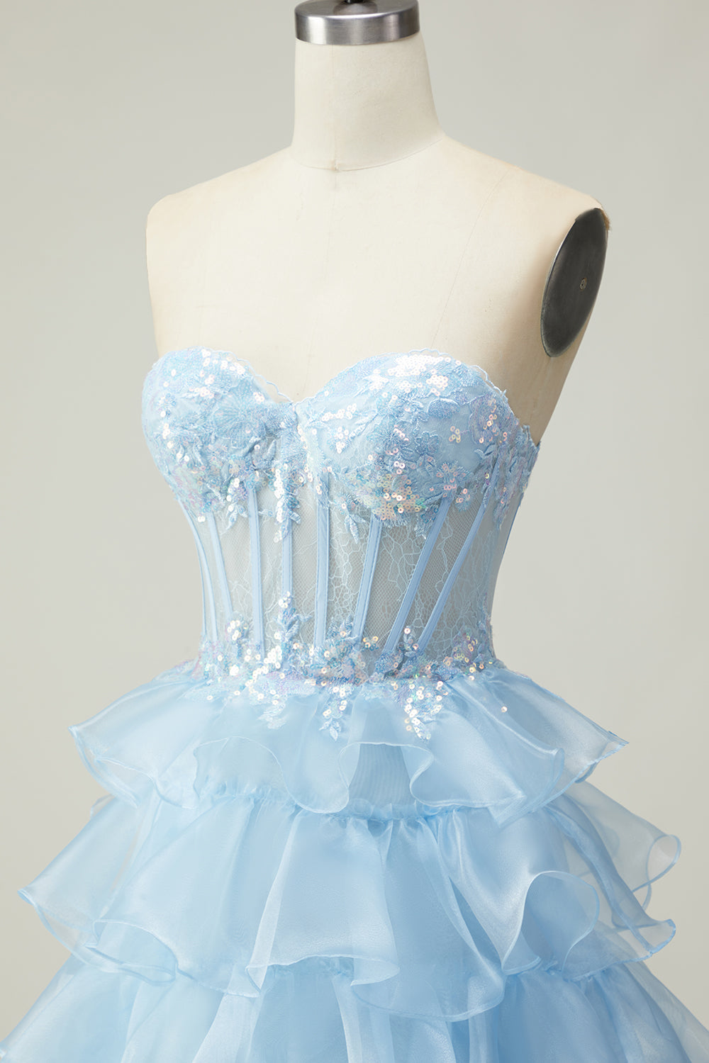 Sparkly Blue Strapless Corset Ruffled Long Prom Dress