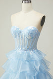 Sparkly Blue Strapless Corset Ruffled Long Prom Dress