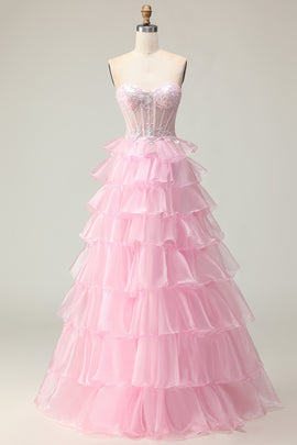 Sparkly Pink Strapless Ruffled Long Corset Prom Dress