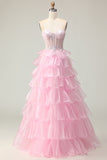 Sparkly Pink Strapless Ruffled Long Corset Prom Dress