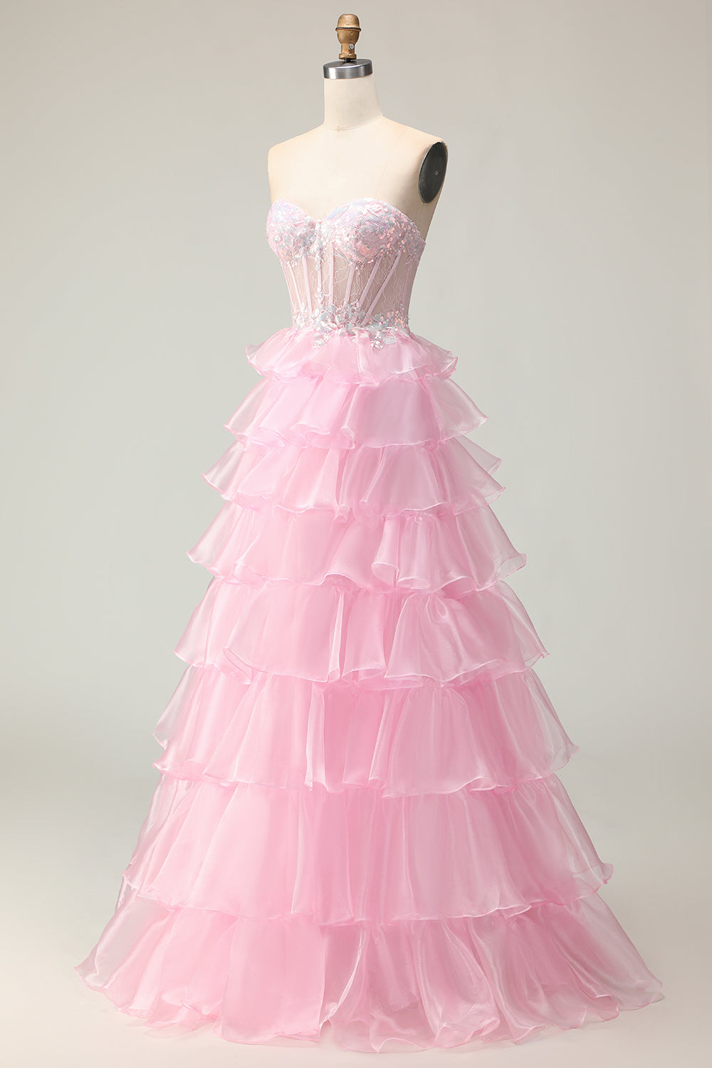 Sparkly Pink Strapless Ruffled Long Corset Prom Dress