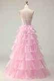 Sparkly Pink Strapless Ruffled Long Corset Prom Dress