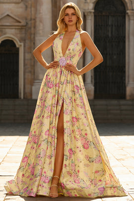 Floral Yellow and Pink A Line Halter Long Prom Dress with Slit