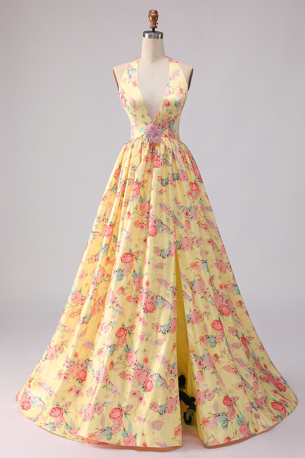 Floral Yellow and Pink A Line Halter Long Prom Dress with Slit