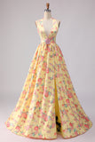 Floral Yellow and Pink A Line Halter Long Prom Dress with Slit