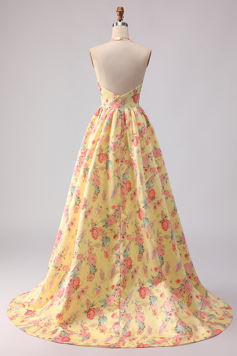 Floral Yellow and Pink A Line Halter Long Prom Dress with Slit