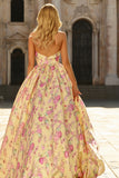 Floral Yellow and Pink A Line Halter Long Prom Dress with Slit