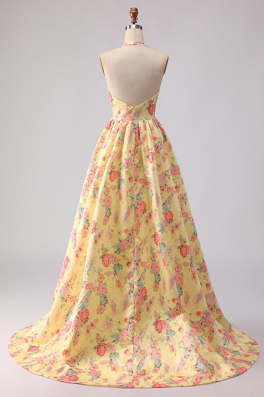 Yellow and Pink Floral Halter A Line Long Prom Dress with Slit