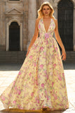 Floral Yellow and Pink A Line Halter Long Prom Dress with Slit