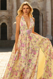 Floral Yellow and Pink A Line Halter Long Prom Dress with Slit