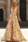 Floral Yellow and Pink A Line Halter Long Prom Dress with Slit