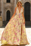 Floral Yellow and Pink A Line Halter Long Prom Dress with Slit
