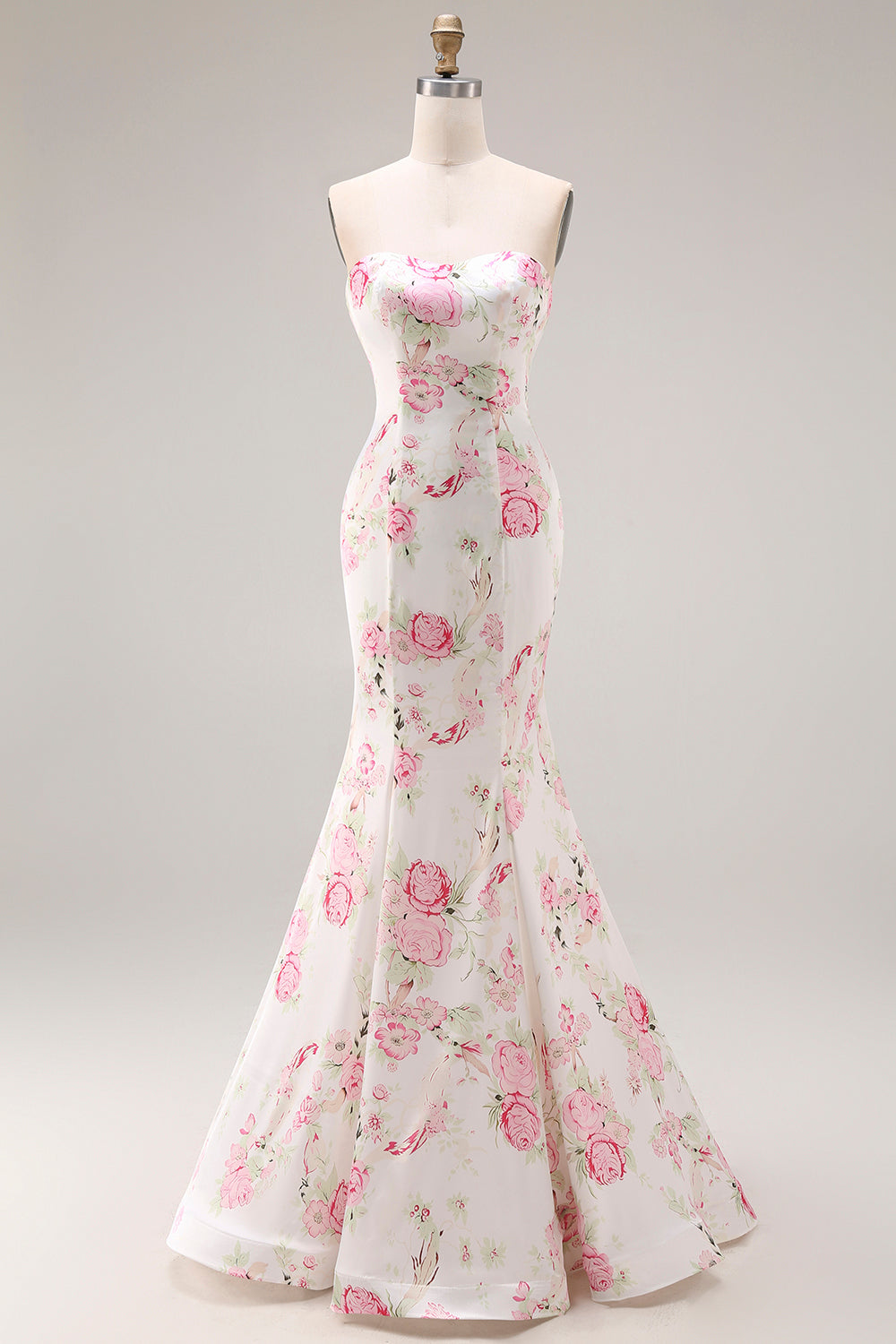 Floral White and Pink Mermaid Sweetheart Satin Long Prom Dress