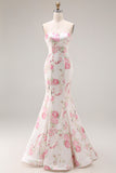 Floral White and Pink Mermaid Sweetheart Satin Long Prom Dress
