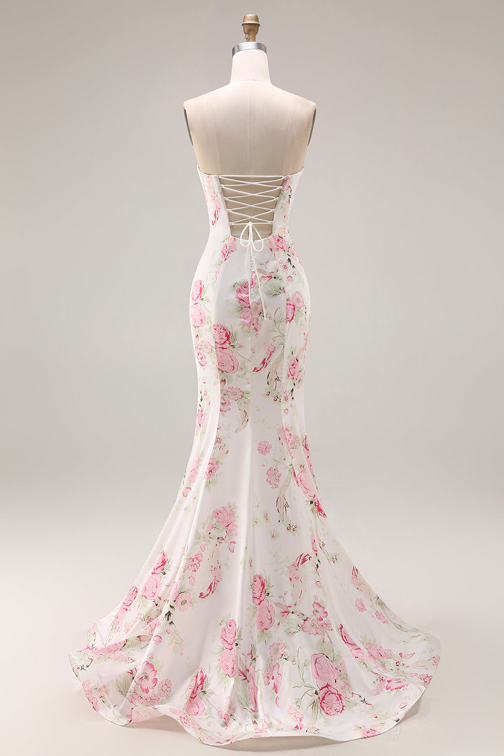 Floral White and Pink Mermaid Sweetheart Satin Long Prom Dress