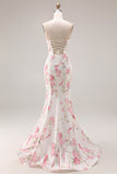 Floral White and Pink Mermaid Sweetheart Satin Long Prom Dress