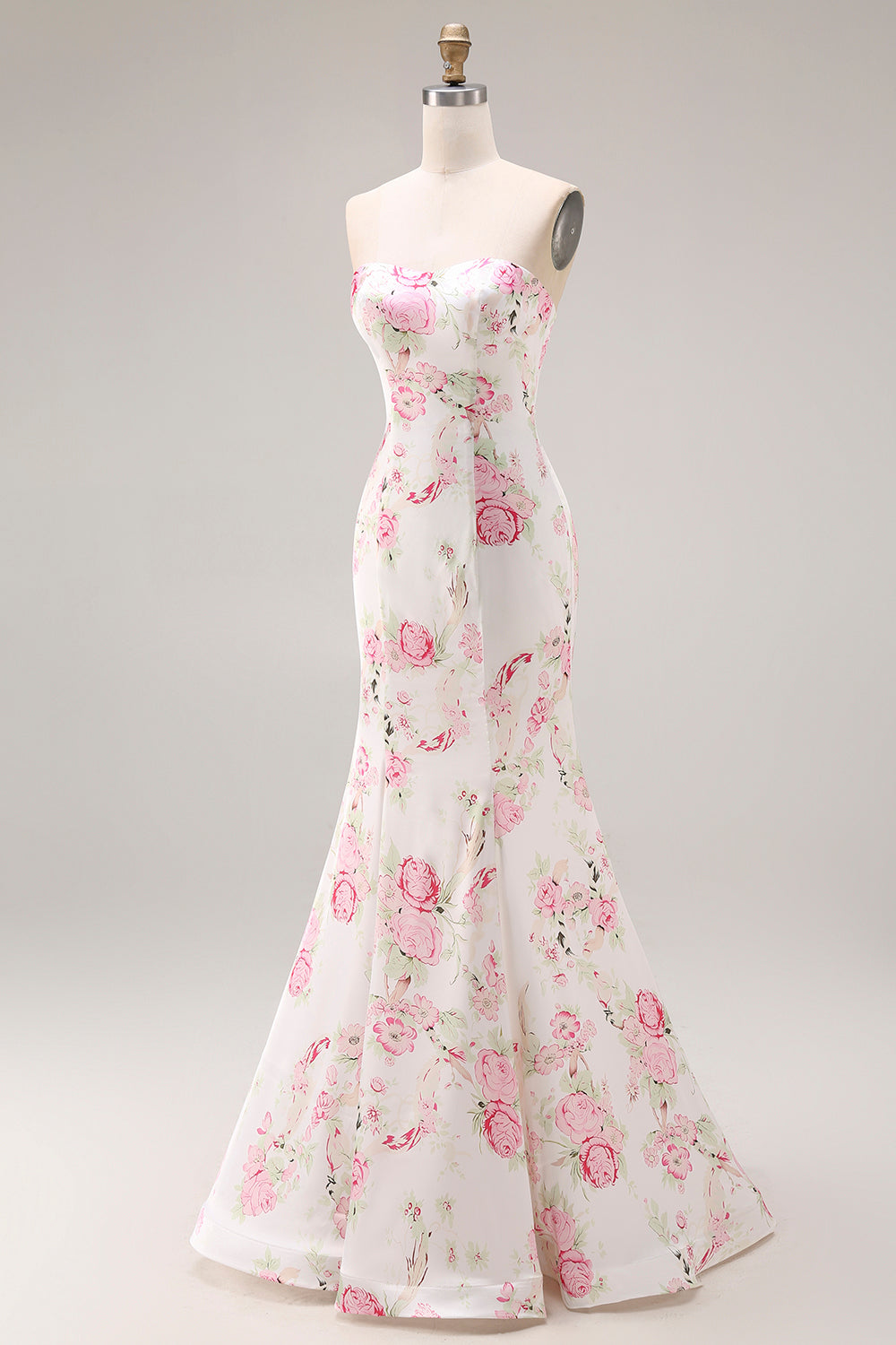 Floral White and Pink Mermaid Sweetheart Satin Long Prom Dress