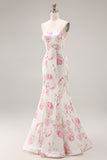 Floral White and Pink Mermaid Sweetheart Satin Long Prom Dress