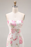Floral White and Pink Mermaid Sweetheart Satin Long Prom Dress