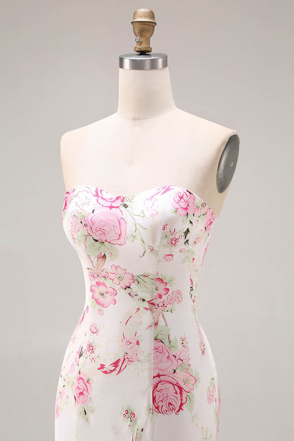 Floral White and Pink Mermaid Sweetheart Satin Long Prom Dress