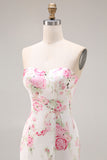 Floral White and Pink Mermaid Sweetheart Satin Long Prom Dress