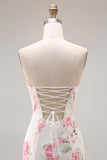 Floral White and Pink Mermaid Sweetheart Satin Long Prom Dress