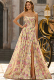 Floral Yellow and Pink A Line Strapless Long Corset Prom Dress with Slit