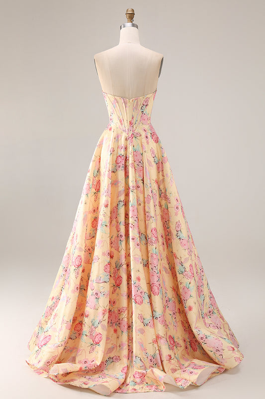 Floral Yellow and Pink Strapless A Line Corset Long Prom Dress with Slit