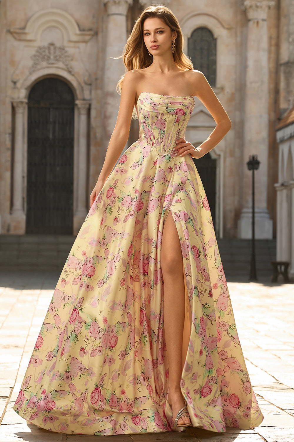 Floral Yellow and Pink A Line Strapless Long Corset Prom Dress with Slit